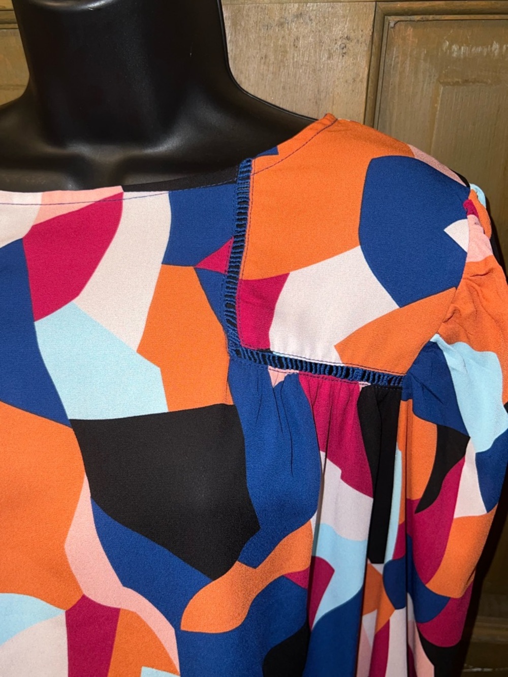 Orange Abstract Retro Multicolor Boho Chic Ruffled Puff Sleeve Blouse Size XL - Picture 9 of 10